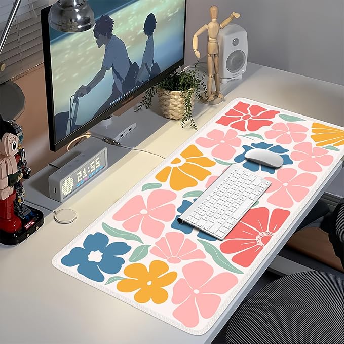 iCasso XXL Large Mouse Mat, Anti-slip Big Mousepad with Stitched Edges, Keyboard Pad Mat for Computer, Work, Gaming (Colorful Flower)