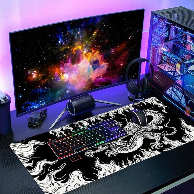Japanese Dragon Mouse Pad XXL Black White Aesthetic Anime Extended Desk Mat 90X40 cm Non-Slip Rubber Base Stitched Edge Large Mousepad for Gaming Laptop Computer Desktop 35.4×15.7 Inch