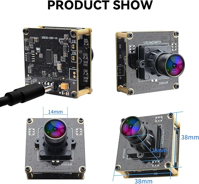 20MP USB Camera 4K 30fps USB3.0 Type-C Webcam,3840P High Resolution Camera with 95° Wide Angle No Distortion Lens, Plug & Play for Windows Linux Mac PC Jetson Nano Industrial Machine Vision