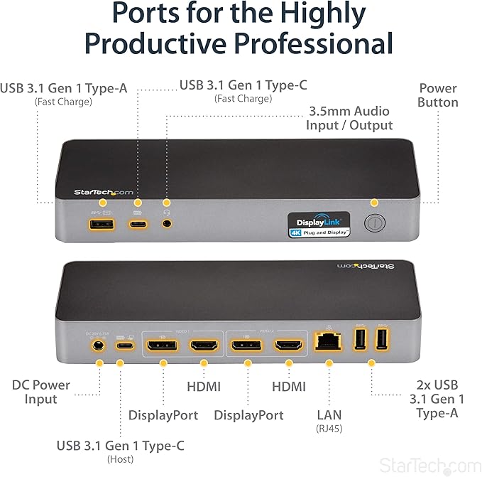 StarTech.com USB-C / USB-A Hybrid Docking Station for MacBook Pro / Air M1 M2 M3 M4 & Windows, Universal Dual 4K 60Hz HDMI DP Dock, Thunderbolt Compatible, 60W Laptop Charging