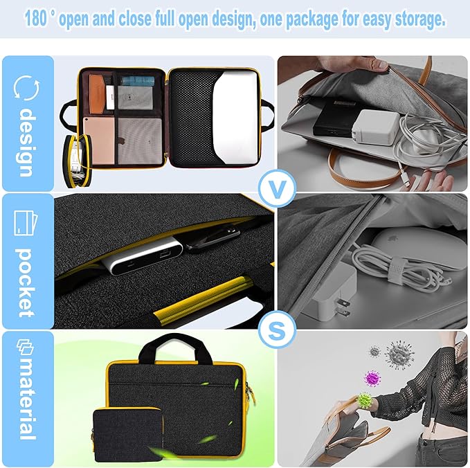 Hseok 13 14 inch Laptop Case Sleeve with Small Case,TSA Computer Handbag Compatible with MacBook Neo/Pro 14 M5/M4/M3/M2/M1,All Models 13.3" MacBook Air/Pro,XPS 13/14,Most 13-14 Notebooks,Black-Yellow