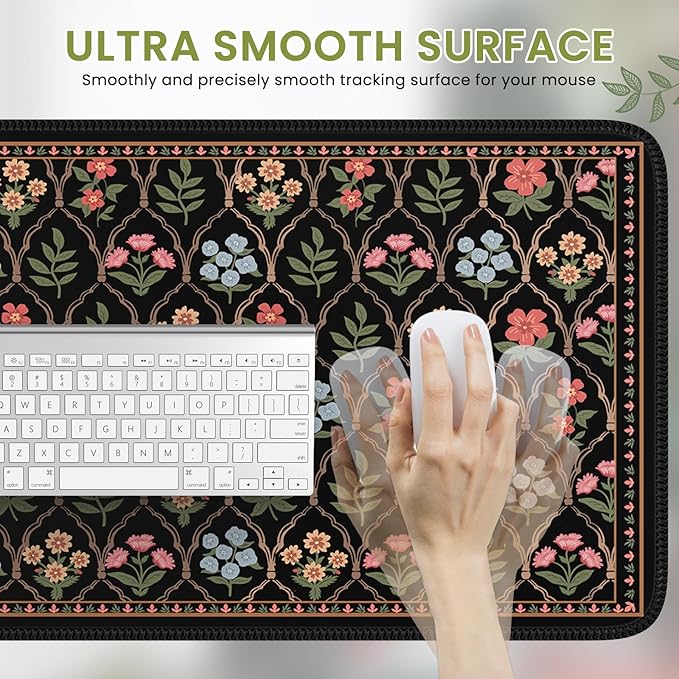 iCasso Floral Desk Pad Mat, Large Mouse Pad, Desk Matt for Desktop, Anti-Slip XXL Big Mousepad with Stitched Edges for Computer Keyboard (Black Moroccan)