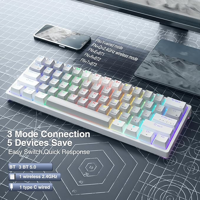 SK961 60% Wireless Gaming Keyboard with Triple Mode BT5.0/2.4GHz/USB-C Wired,RGB Backlight 61 Keys Wireless 60% Keyboard Hot Swappable Mechanical Keyboard,Red Switch