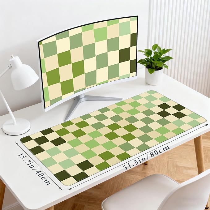 Desk Cover Mat, XXL Large Mouse Pad, Cute Desk Pad Decor for Office Game Home 31.5 X 15.7 Inch (Green Checkered)