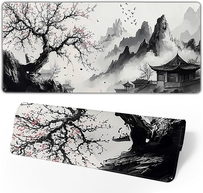 Japanese Anime Art Landscape Large Mouse Pad Large Extended Mouse Pad 31.5”x11.8” Non-Slip Rubber Base Full Desk Pad Japanese Sakura Gaming Keyboard Mat with Stitched Edges for Home Office Gaming Work