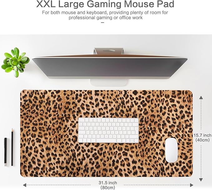 Lokigo Leopard Print Desk Pad, Brown Large Gaming Mouse Pad, Waterproof Rubber Base Mousepad for Desk with Stitched Edges DeskMatt for Laptop Gaming Office Work Study, 31.5"x15.7", Cheetah