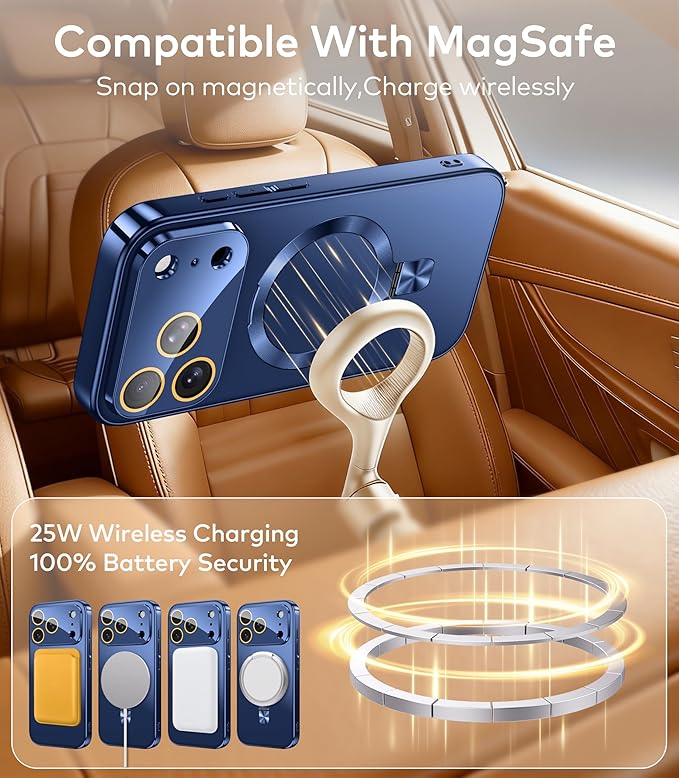 TOBOVON Magnetic for iPhone 17 Pro Case with Ring Stand, Fits MagSafe, with Built-in Camera Cover, Slim Electroplated Shockproof Phone Case, Blue