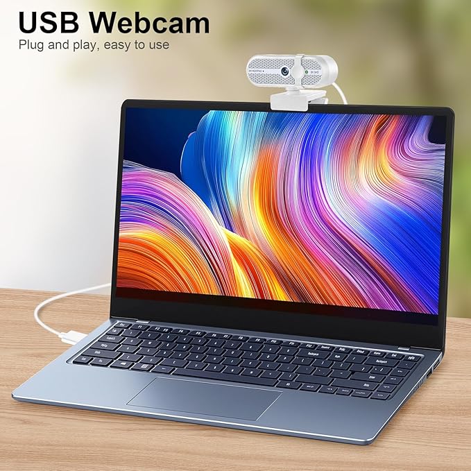 2K Webcam for PC, Webcam with Microphone and Tripod, Auto Light Correction, USB Camera Plug and Play, 90° Wide FOV, Privacy Cover, Works with Skype, Zoom, Meet, Teams, PC, Laptop, Mac, Tablet