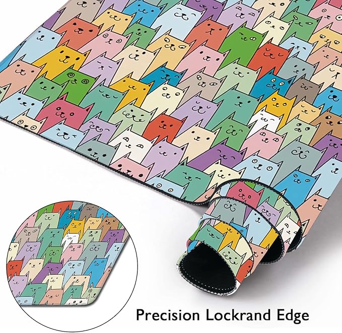 Cute Colorful Cats Extended Gaming Mouse Pad Large Desk Mat with Non-Slip Rubber Base and Stitched Edges,Keyboard Mouse Mat Desk Pad for Work,Game,Office,Home 35.4 * 15.7 Inch