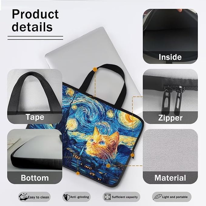12 Inch Starry Night Cat Laptop Sleeve Tablet Protector Case with Handle, Men Women Zipper Computer Bag Carrying Case Notebook Cover Messenger Briefcase for Travel/Office/Work
