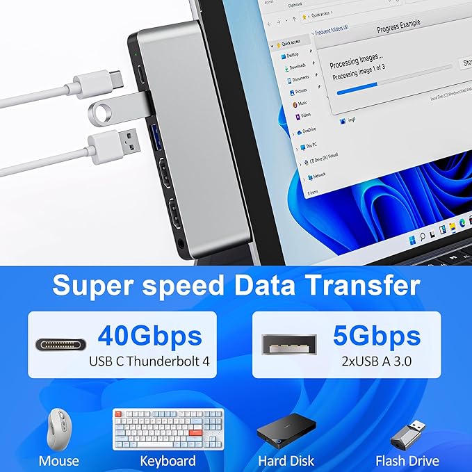 Surface Pro 9/10/11/X Docking Station with Dual 4K HDMI, Thunderbolt 4 (100W PD, 40Gbps Data, 8K Display), USB-C Hub for Surface Pro 11/10/9/X, Quad Display Adapter with 2 USB3.0, SD/TF, 3.5mm Audio