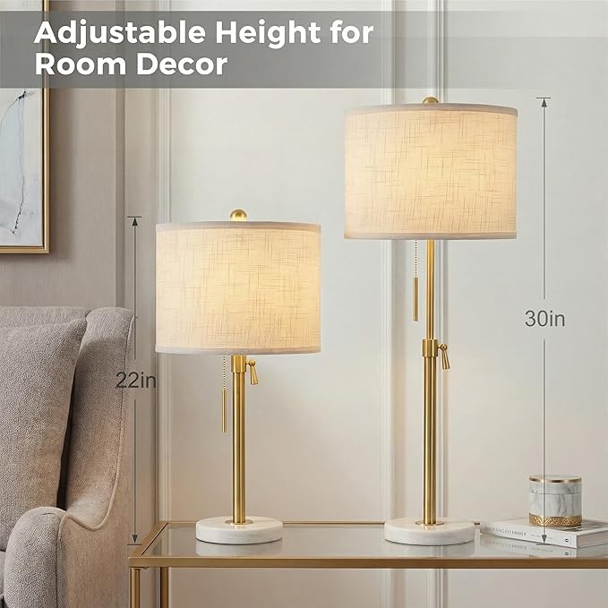 Qingmiao Gold Table Lamps Set of 2, 22" to 30" Adjustable Nightstand Lamps for Bedroom, Dimmable End Table Lamps for Living Room Console Entry Farmhouse Home Decor, New House Warming Gifts
