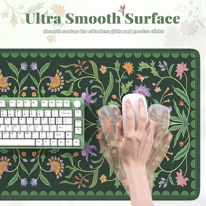 iLeadon Desk Mat for Keyboard and Mouse, Large Floral Computer Cover Mats with Smooth Lycra Surface,Full Desk Mouse Pad for Laptop,Keyboard Mat for Office,Home, Dark Green