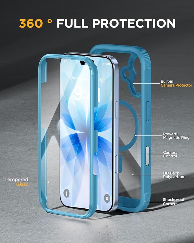 Miracase for iPhone 17 Case 6.3'', Full-Body Military Grade Drop Protection Outdoor Phone case with Built-in Glass Screen &Camera Control,Easy Installation,No Gap,Compatible with MagSafe,Blue