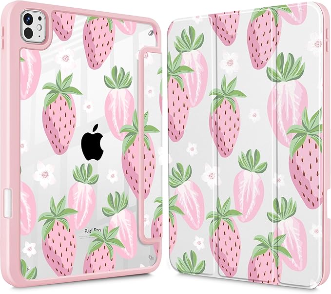 May Chen for iPad Pro 13 Inch Case M5 2025 / M4 2024, Built Pencil Holder & Clear Transparent Print Back Shell Slim Stand Shockproof Tablet Cover, Auto Wake/Sleep, Strawberries