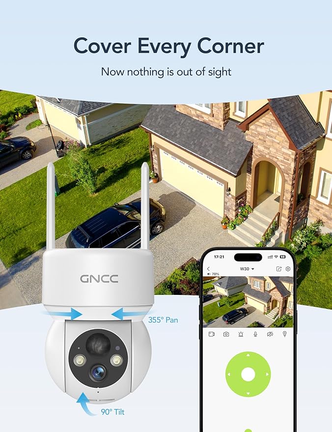 GNCC Solar Security Cameras Wireless Outdoor 2.4G WiFi, 360° View, Solar/Battery Powered, AI Human Detection, Color Night Vision, 2-Way Audio, Spotlight Siren Alarm, IP65 Waterproof, SD/Cloud Storage