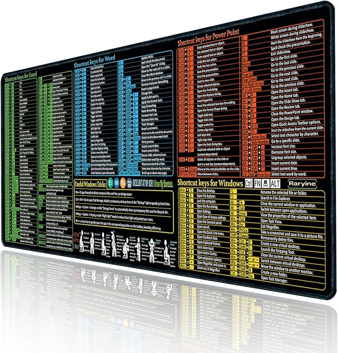 Excel/Word/Power Point/Windows Mouse pad,Non-Slip&Waterproof Large Gaming Office pc Desk mat(XL 31.5 x 11.8 in),Over 200 Keyboard Shortcuts Mousepad