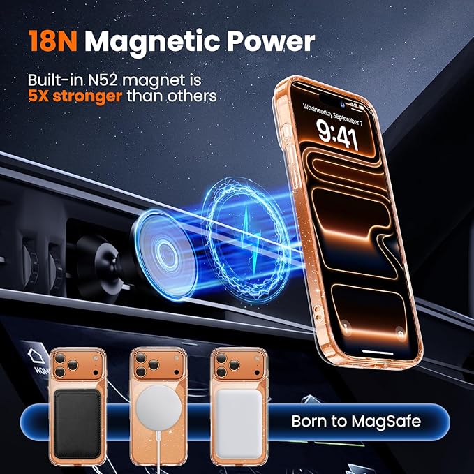 toushion 3 in 1 for iPhone 17 Pro Max Case Clear Glitter,Fits MagSafe, Not Yellowing, Screen Protector*1 Camera Lens Protector*1, Military-Grade Protection for Phone Cover 6.9 inch