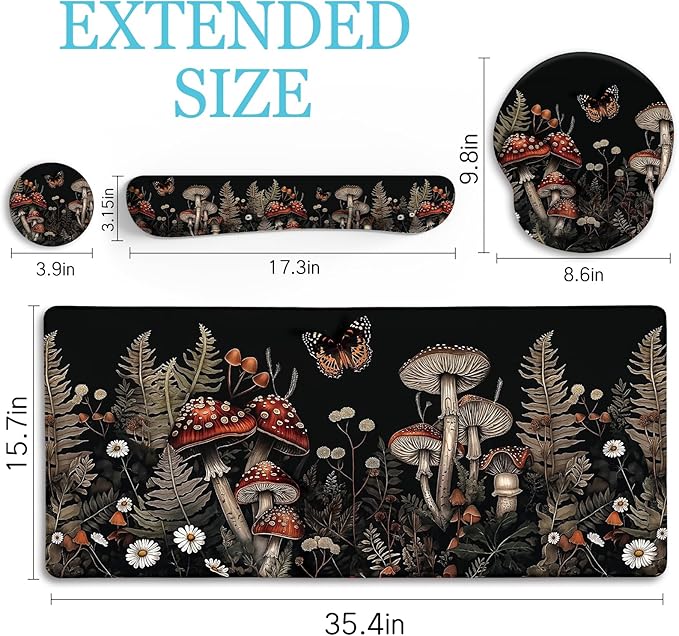 LIMKRIAN Mushroom Mouse Pad Set Large Desk Matt for Desktop, Ergonomic Mouse Pad with Wrist Rest, Gaming Mouse Pad Wrist Support Keyboard Mat Cup Coaster Set Office Desk Decor Accessories