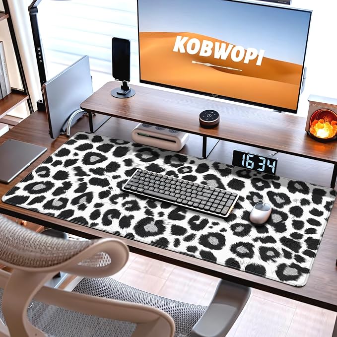 35.4 x 15.7 in, XXL Large Mouse Pad for Desk, Extended Keyboard Mouse Mat for Computer Office, Big Mouse pad with Stitched Edges, Gaming Pc-Black and White Leopard Print