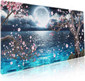 Pink Cherry Blossom Gaming Mouse Pad XXL Sakura Tree Blue Ocean Moon Night Extended Big Large Desk Mat Non-Slip Rubber Base Stitched Edge Long Keyboard Mousepad for PC Computer Laptop,35.4×15.7 in