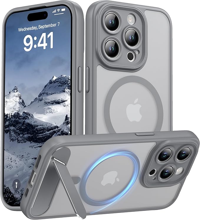 Magnetic Compatible with iPhone 15 Pro Case, [Built-in Kickstand][Full Camera Protection][Compatible with MagSafe][Anti-Fingerprint] Shockproof Phone Case for iPhone 15 Pro 6.1",Grey