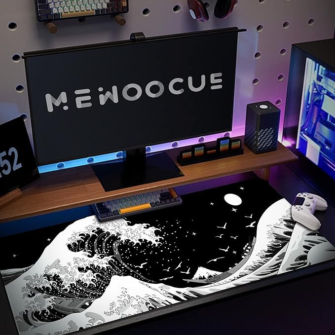 MEWOOCUE® Gaming Mouse Pad for Desk,Large Sea Wave Mousepad Laptop,Black White Japanese Anime Mouse Mat,Long XXL Waterproof Keyboard Pads,Big Non-Slip Mouse Pads for Game Office Home（35.4 x 15.7 in）