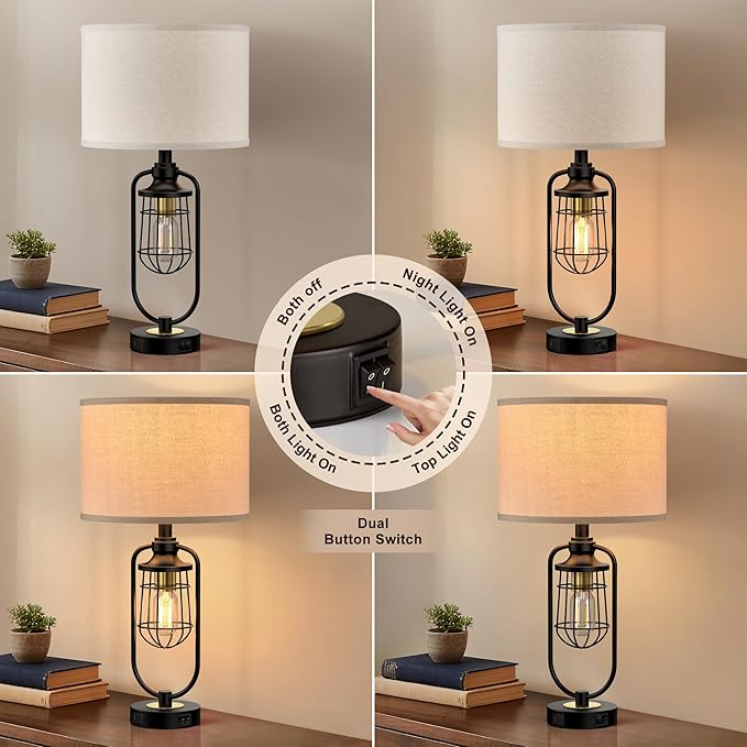 Table Lamps for Living Room Set of 2, Farmhouse Lamps for Night Stands, Industrial Bedside Lamps for Bedroom End Table with USB A+C, Bulbs Included