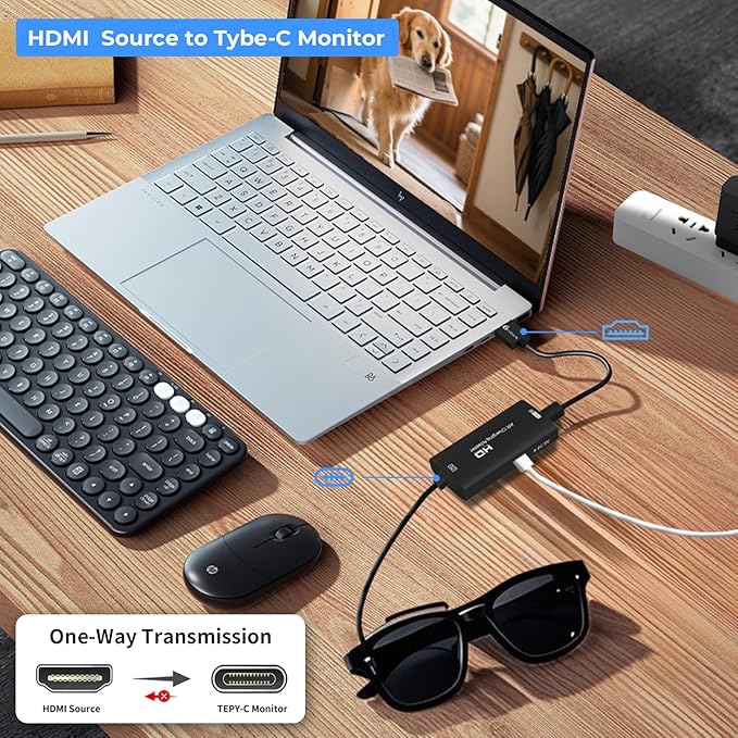 Guermok AR Glasses HDMI to USB-C Display Adapter, 4K@60Hz Play and Charge XR Converter with DC 5V, for XREAL One/Air 2 Pro/RayNeo/Rokid, Switch 2/1, Xbox1, PS4/5, Portable Monitors (Black)