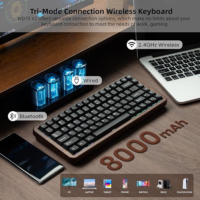 Womier 75% Mechanical Keyboard Wireless with Wood Natural, WD75 V2 QMK/VIA Gaming Creamy Keyboard 8000mAh Battery, Tri-Mode Key Board RGB Hot Swappable with PBT Keycaps-POM Linear Switch,Black