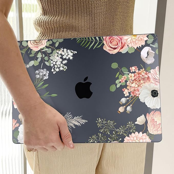 TWOLSKOO for MacBook Air 13.3 inch Case 2021 2020 2019 2018 Release M1 A2337 A2179 A1932 with Touch ID, Plastic Hard Shell Case & Keyboard Cover & Type C Adapter, Rose Flower