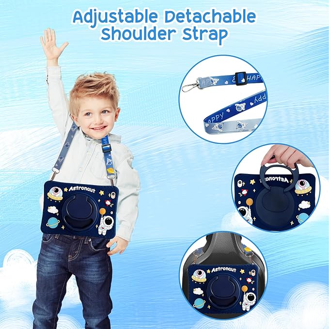 Cute Case for Apple iPad 9th 8th 7th Generation 10.2 Inch 2021/2020/2019 Model, EVA Kickstand Heavy Duty Shockproof Kids Friendly Bumper Case with Shoulder Strap Cover for iPad 10.2", Blue Astronaut