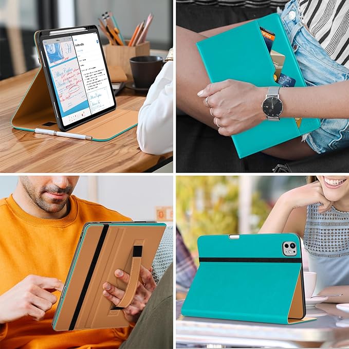 DTTO for iPad Pro 13 inch Case (M5/M4) 2025/2024, Premium Leather Business Folio Stand Cover with Pencil Holder - Auto Wake/Sleep & Multiple Viewing Angles, Built in Hand Strap & Pocket, Cyan Blue