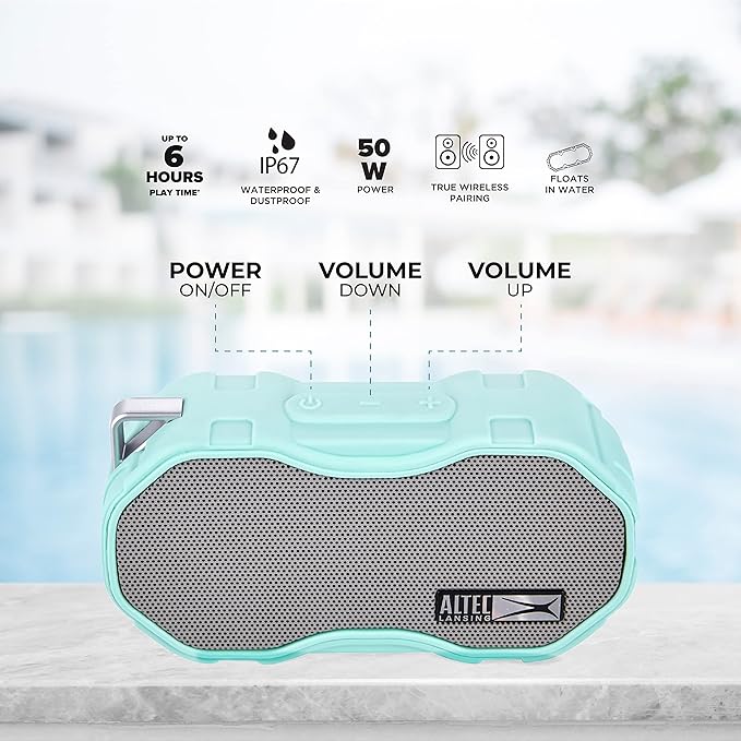 Altec Lansing - Baby Boom Waterproof Bluetooth Speaker, Wireless & Portable for Travel & Outdoor Use, Deep Bass & Loud Sound, 1 Pack (Mint)