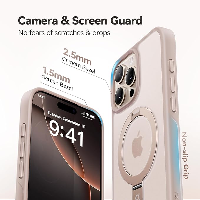 CASEKOO Ultra-Magnetic Stand for iPhone 16 Pro Case [Military Drop Protection] [Compatible with MagSafe] Shockproof Translucent Matte Slim Ring Holder Case for iPhone 16 Pro 6.3", Gold