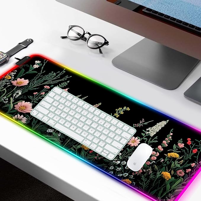 RGB Pretty Wildflower Gaming Desk Mat, Computer Keyboard Large Extended Flowers LED Mouse Pad for Office and Home, 31.5×11.8 Inches, XL