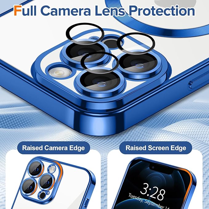 Hython Magnetic Clear for iPhone 12 Pro Case with Camera Lens Protector [Compatible with MagSafe] Luxury Plating Edge Slim Soft TPU Cover Protective Phone Case for iPhone 12 Pro 6.1", Deep Blue
