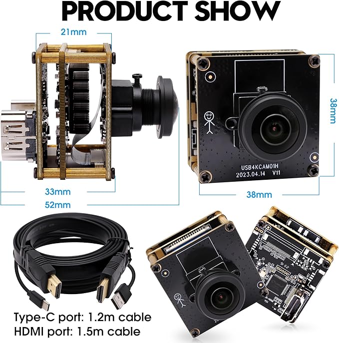 HDMI 4K Webcam - USB HDMI Simultaneous Output Streaming Camera - 2X Digital Zoom, 180 Degree Fisheye Lens - PC Camera for Raspberry Pi, Jetson Nano, Laptop, Online Teaching