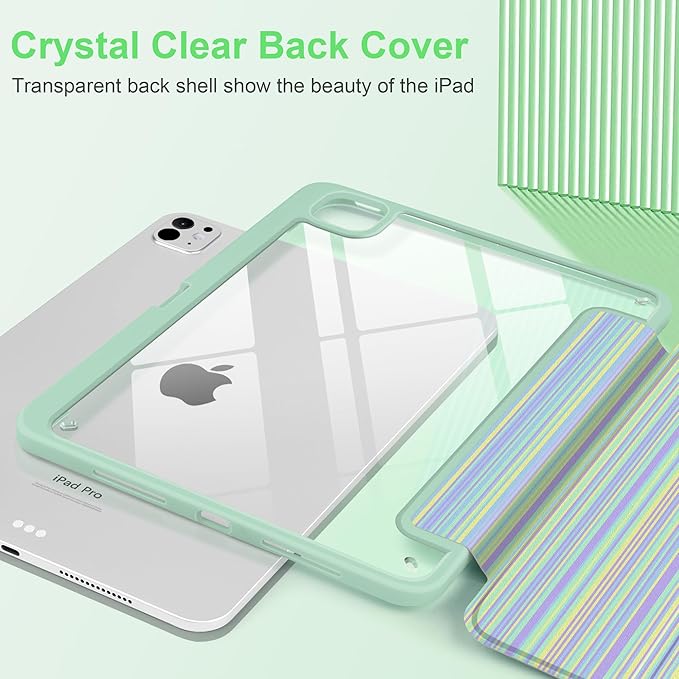Case for iPad Pro 11 inch (M5) 2025 (M4) 2024 Release with Pencil Holder - Aesthetic Cute Design Trifold Cover with Soft TPU Bumper Clear Back Auto Sleep/Wake for Girls Women, Lines Green
