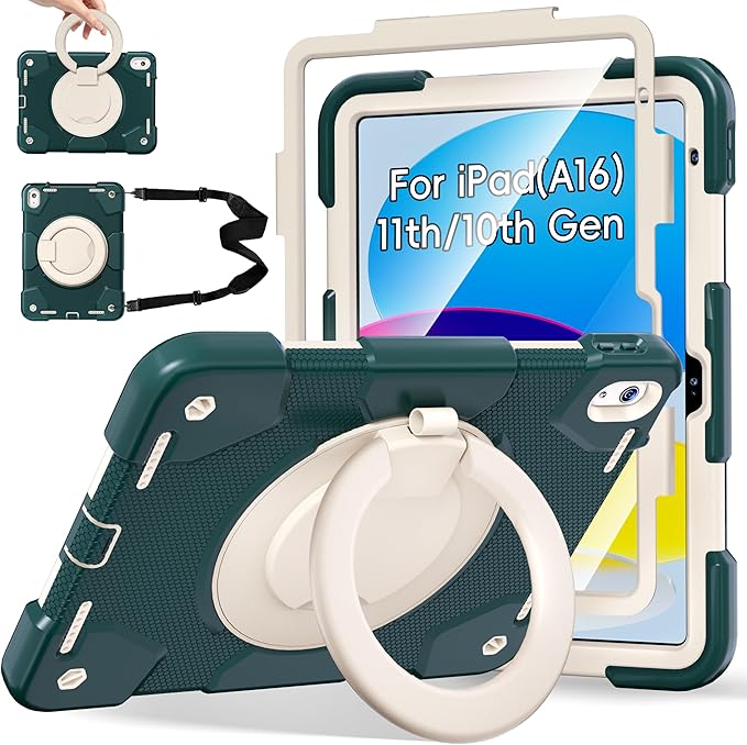 Andnary Case for iPad (A16) 11th /10th Generation 11/10.9 Inch 2025/2022 with Screen Protector/360° Rotate Stand/Shoulder Strap/Pencil Holder, Shockproof iPad 11th/10th Gen Cover (Green+White)