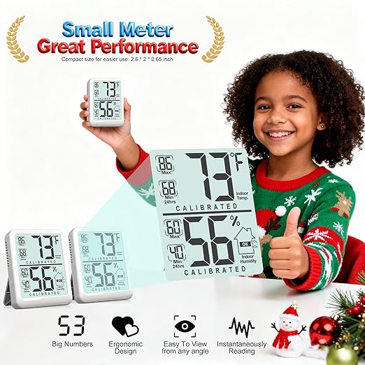 Antonki Room Thermometer, Digital Small Hygrometer Indoor Thermometer Humidity Gauge, Temperature Humidity Meter with Max/Min Record Monitor Sensor for Home, Plants - Battery Included