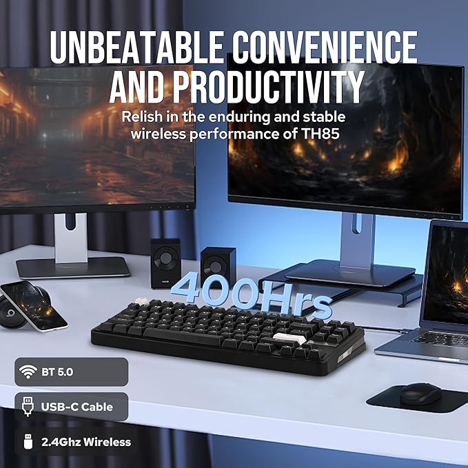 EPOMAKER TH85 QMK/VIA Wireless Gaming Keyboard, BT5.0/2.4GHz/USB-C, Hot Swappable Pre-lubed Custom Creamy Jade Linear Switches, Gasket Creamy Keyboard for PC/Mac/Office/Gaming (Black)