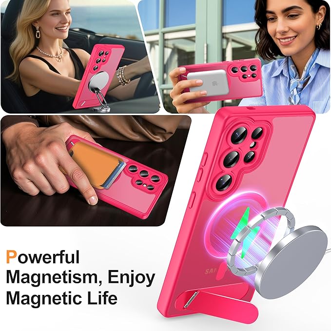 Magnetic for Samsung Galaxy S25 Ultra Case, [Compatible with MagSafe][Full Camera Protection][Built-in Invisible Kickstand] Translucent Matte Phone Case for S25 Ultra 6.9" - Hot Pink