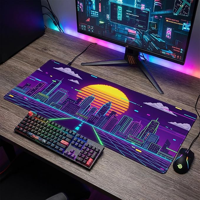 AQQA XL Gaming Mouse Pad - Retro Synthwave Pixel Art Desk Mat, Cyberpunk Neon City Sunset Design,Large Extended Mousepad with Stitched Edges,Non-Slip Rubber Base for Gamers,Home Office & Studio Decor