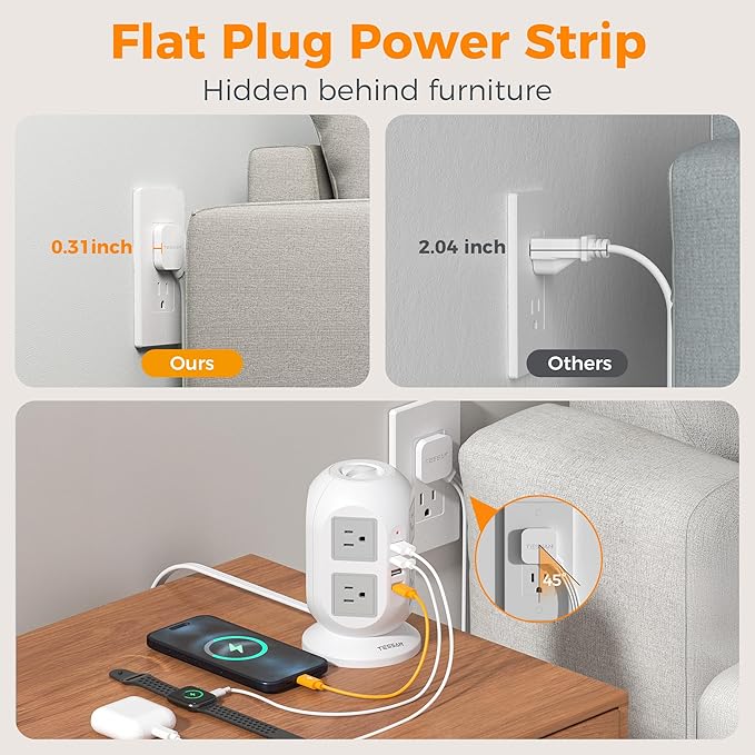 TESSAN Tower Surge Protector Power Strip 10 ft, Long Flat Extension Cord with Multiple Outlets, 8 AC Outlets with 4 USB Ports (1 USB C), Charging Station with Surge Protection, for Home Office Dorm