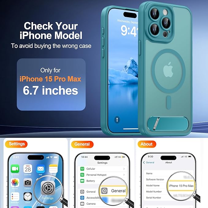 Magnetic Compatible with iPhone 15 Pro Max Case, [Built-in Kickstand][Full Camera Protection][Compatible with MagSafe][Anti-Fingerprint] Shockproof Phone Case for iPhone 15 Pro Max 6.7",Lake Blue