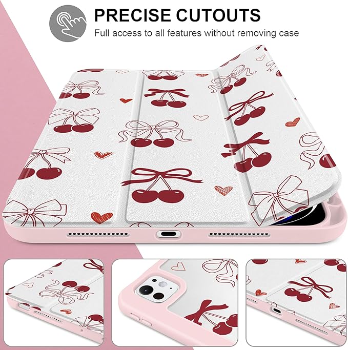 Case for iPad Pro 13 inch (M5) 2025 (M4) 2024 Release with Pencil Holder - Aesthetic Cute Preppy Design Trifold Cover with Soft TPU Bumper Clear Back Auto Sleep/Wake for Girls Women, Cherry