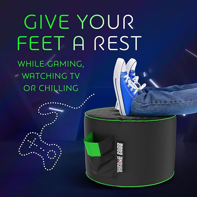 Throne Boss Gaming Footstool - Cover ONLY No Filling - Matching Bean Bag Chair Pouf/Ottoman - Round Gamer Foot Stool Footrest with Drink Holder (Green)