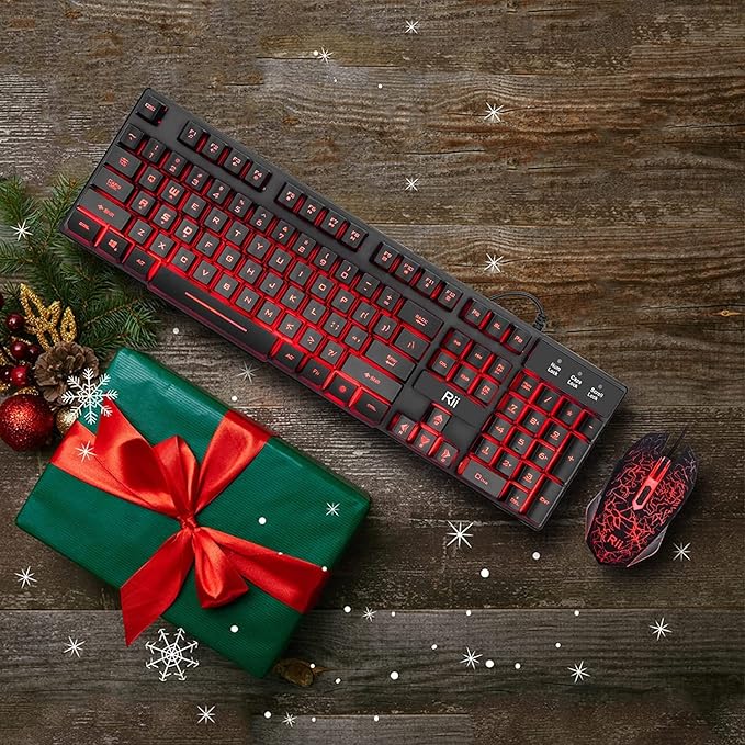 Rii Gaming Keyboard and Mouse Set, 3-LED Backlit Mechanical Feel Business Office Keyboard, Colorful Breathing Backlit Mouse for Working or Primer Gaming, Office Device (RK108)