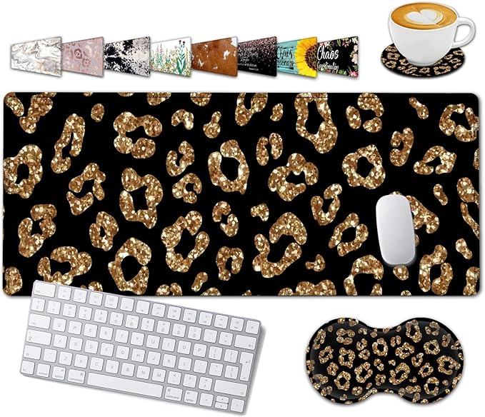 Large Gaming Mouse Pad, 31.5x11.8 in Extended Computer Mouse Mat with Non-Slip PU Base, Ergonomic Memory Foam Keyboard Wrist Rest,for Work Gaming, Rose Gold Glitter Psalm 465 Black Office Desk Pad